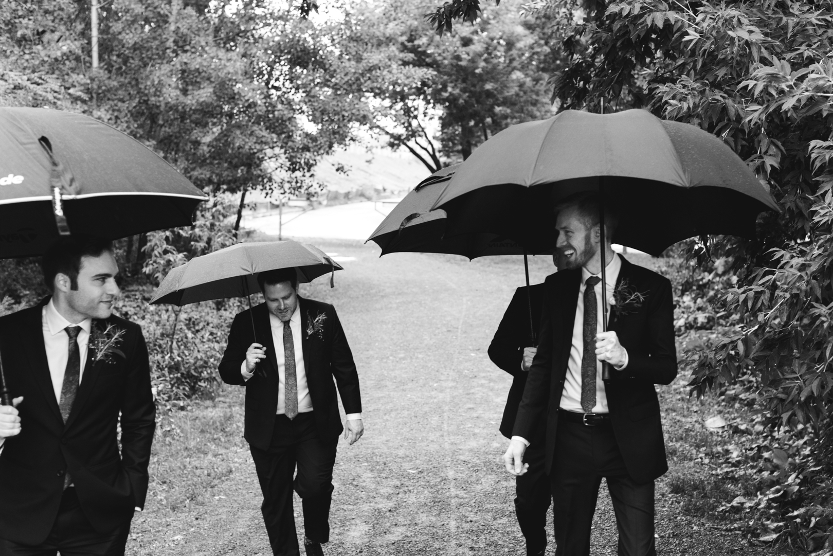 groom and groomsmen walking down a dirt path holding umbrellas in black and white