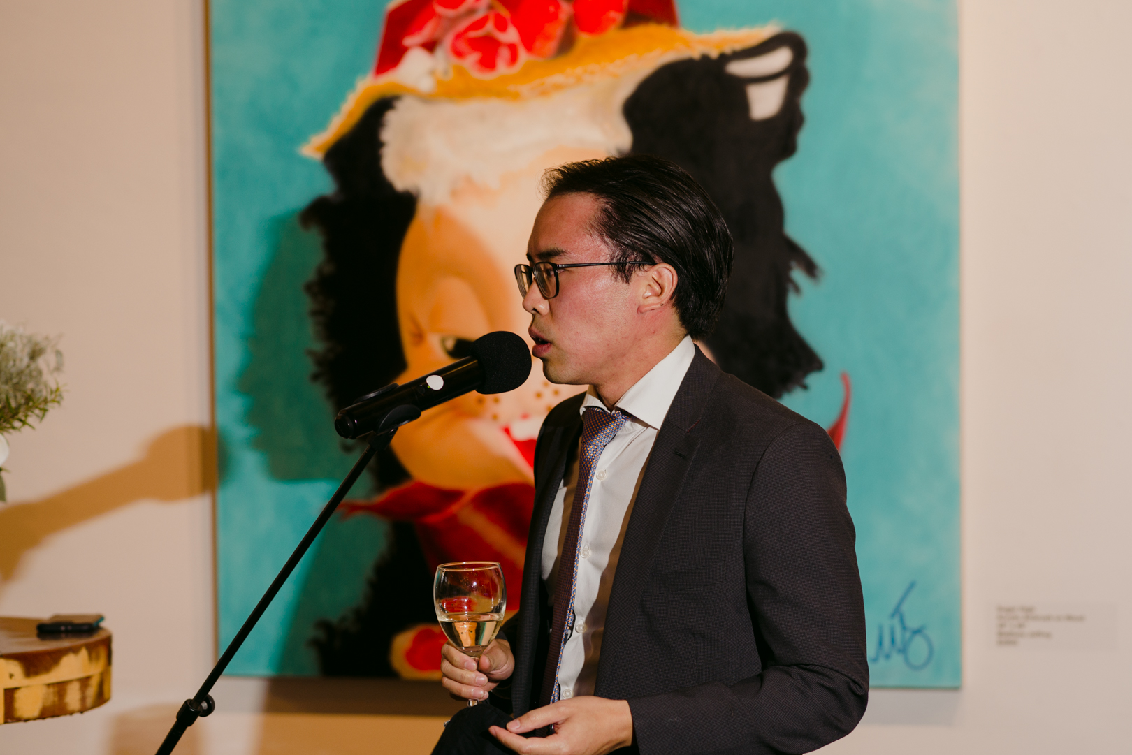 MC giving toast at Orange Art Gallery wedding