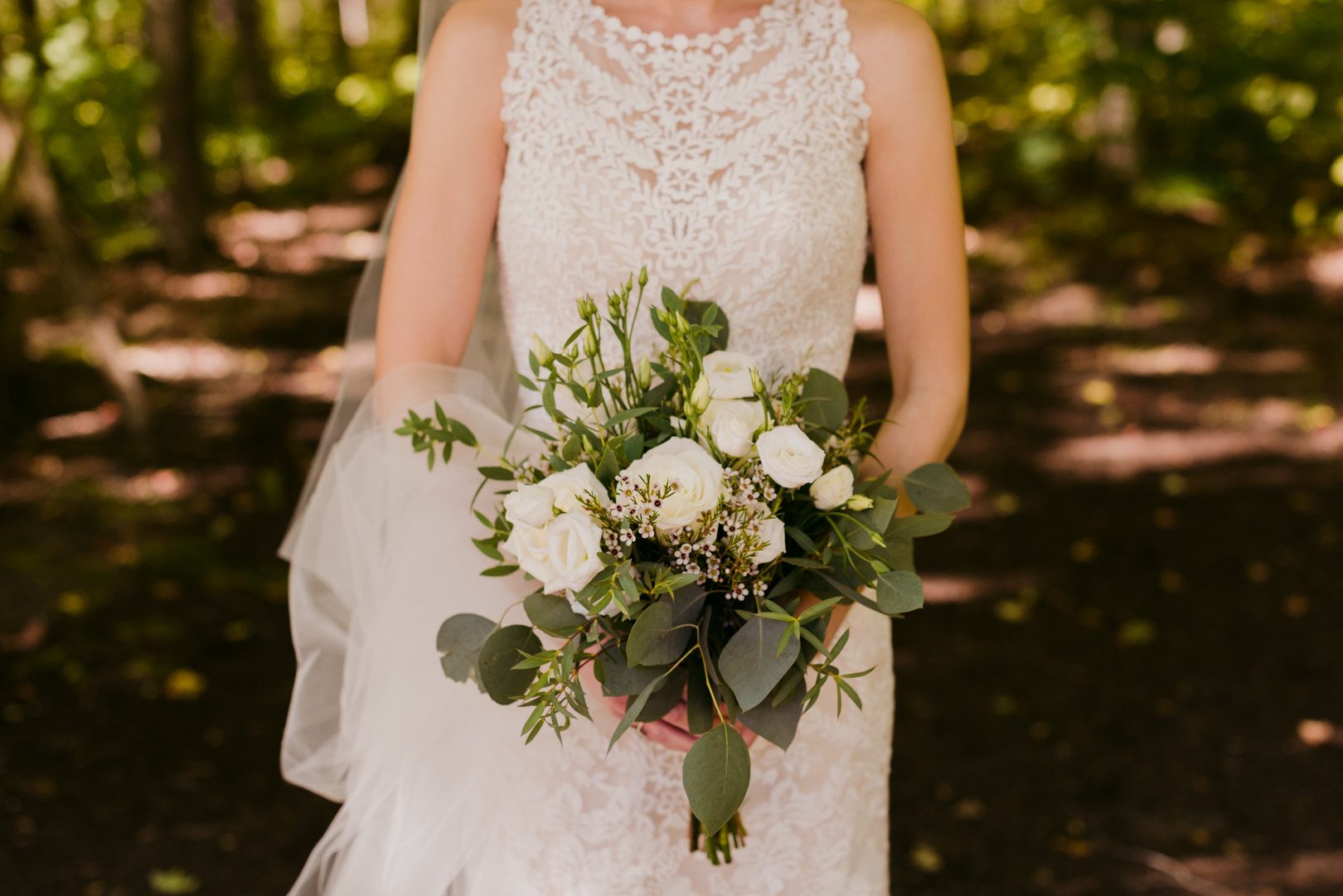 bride holding wedding bouquet and cathedral veil