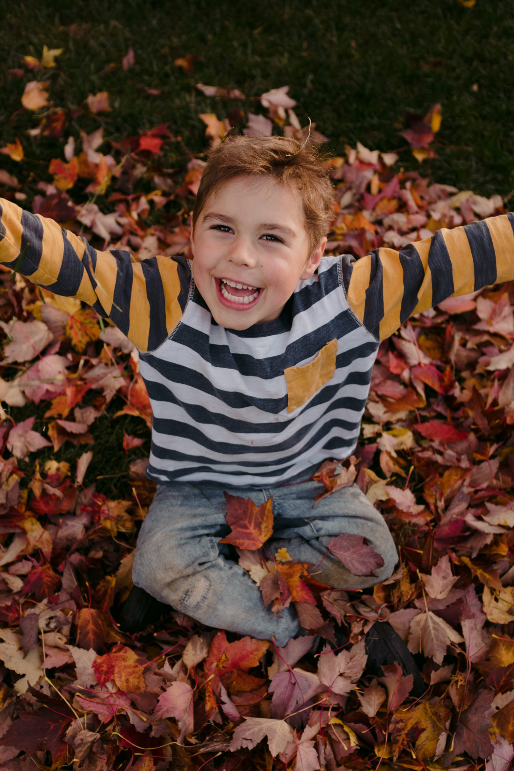 four year old sitting in the leaves in autumn