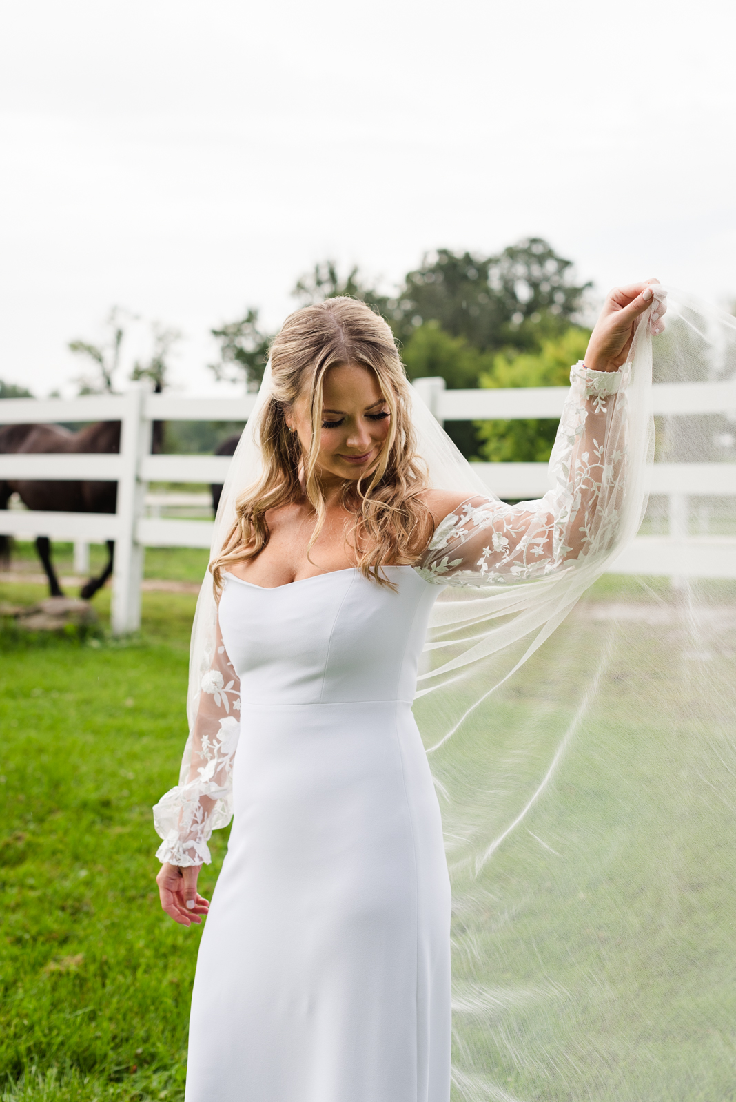bride playing with cathedral veil in the wind with horses running in the fields