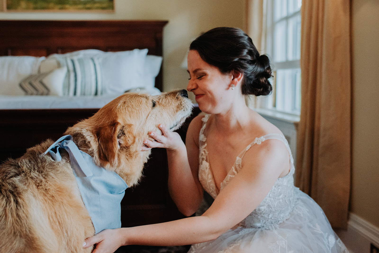bride's dog giving the bride a kiss